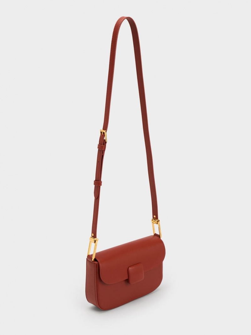 Charles & Keith Koa Square Push-Lock Schultertaschen Dunkelrot | 074UFBAIS