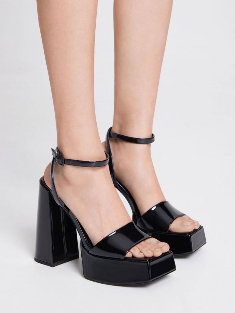 Charles & Keith Lack Ankle-Riemen Plateausandalen Schwarz | 675PDHGQU