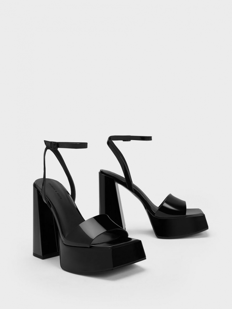 Charles & Keith Lack Ankle-Riemen Plateausandalen Schwarz | 675PDHGQU