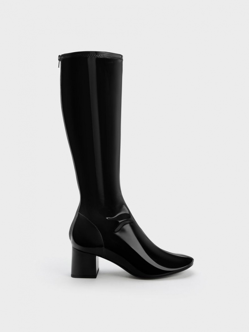 Charles & Keith Lack Block Heel Kniehohe Stiefel Schwarz | 734ORVTFI