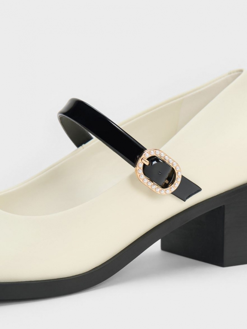 Charles & Keith Lack Crystal-Embellished Schnallen Two-Tone Mary Jane Schuhe Weiß | 386NUKHIA