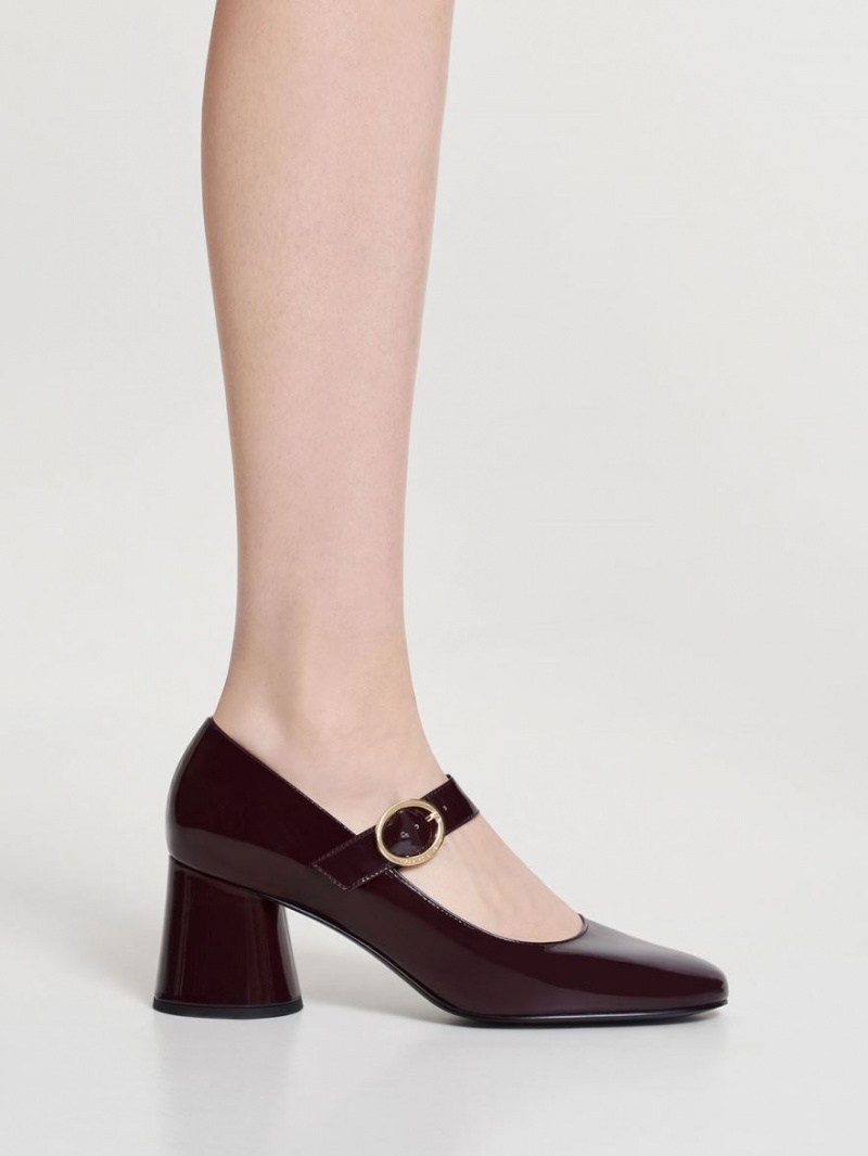 Charles & Keith Lack Cylindrical Block Heel Mary Jane Schuhe Bordeaux | 852KATJLX