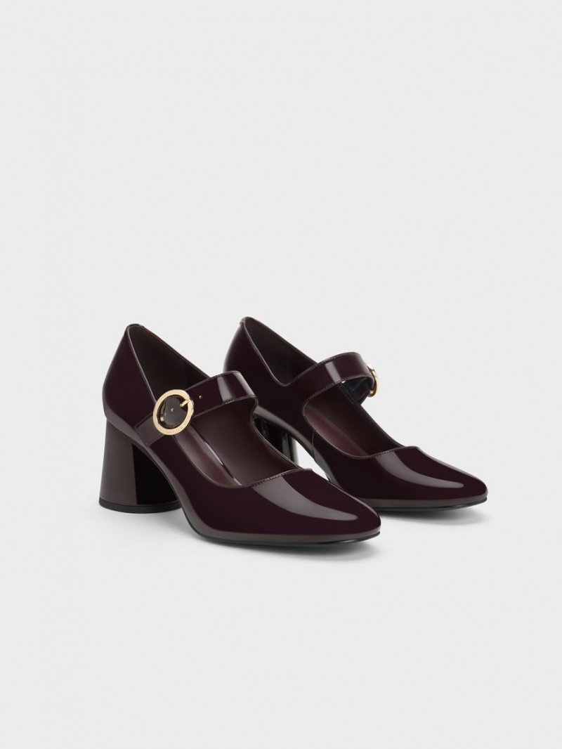 Charles & Keith Lack Cylindrical Block Heel Mary Jane Schuhe Bordeaux | 852KATJLX