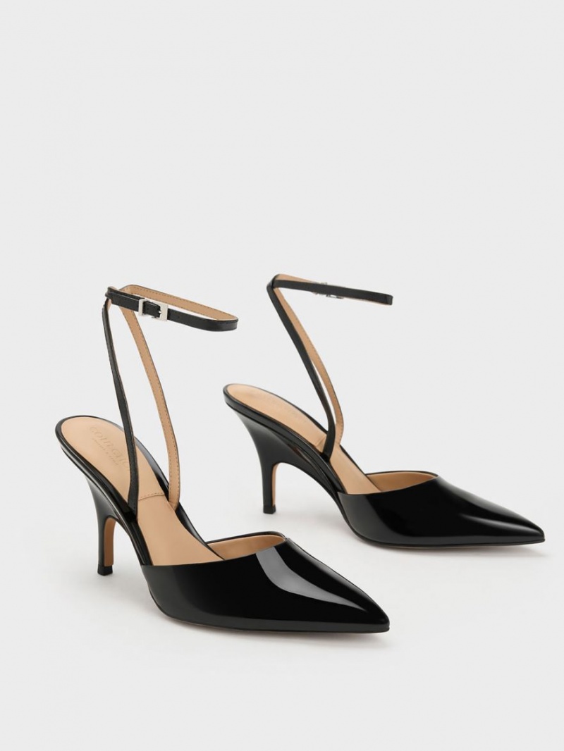 Charles & Keith Lack Leder Ankle Riemen Pumps Schwarz | 265HVYSRK