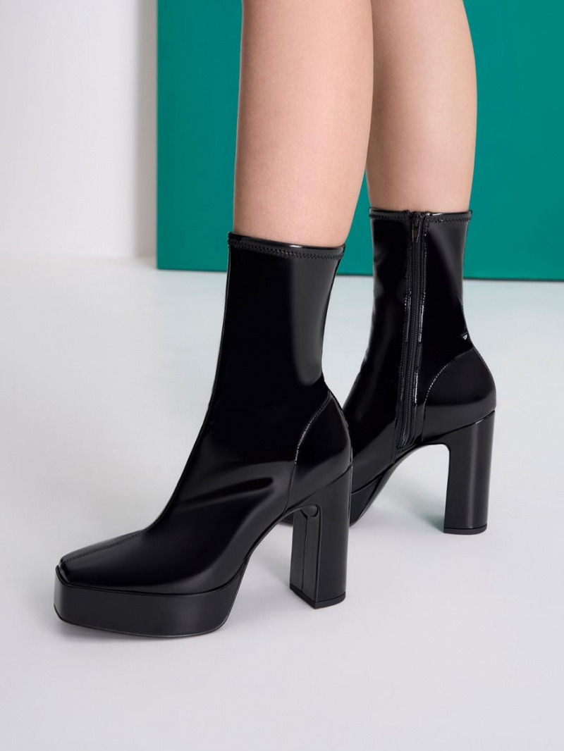 Charles & Keith Lack Plattform Block Heel Stiefeletten Schwarz | 852HZMPCB