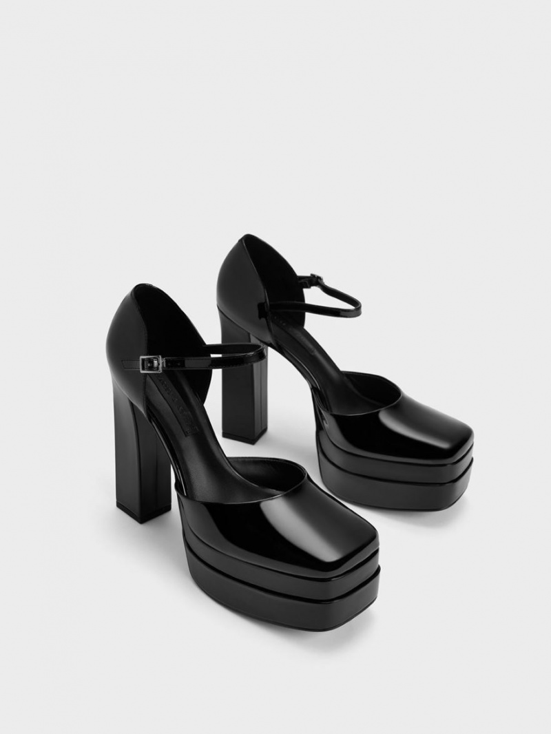 Charles & Keith Lack Plattform D'Orsay Pumps Schwarz | 526ZXKDWV