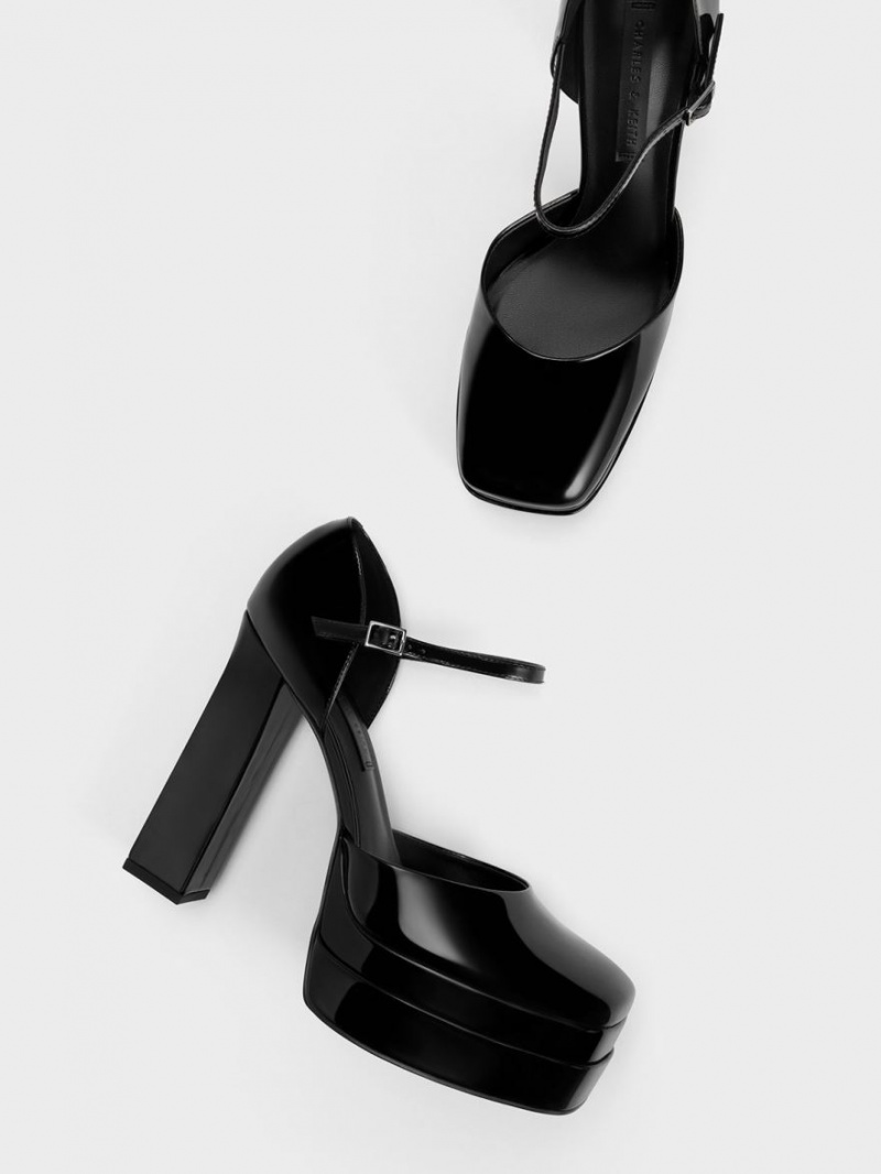 Charles & Keith Lack Plattform D'Orsay Pumps Schwarz | 526ZXKDWV