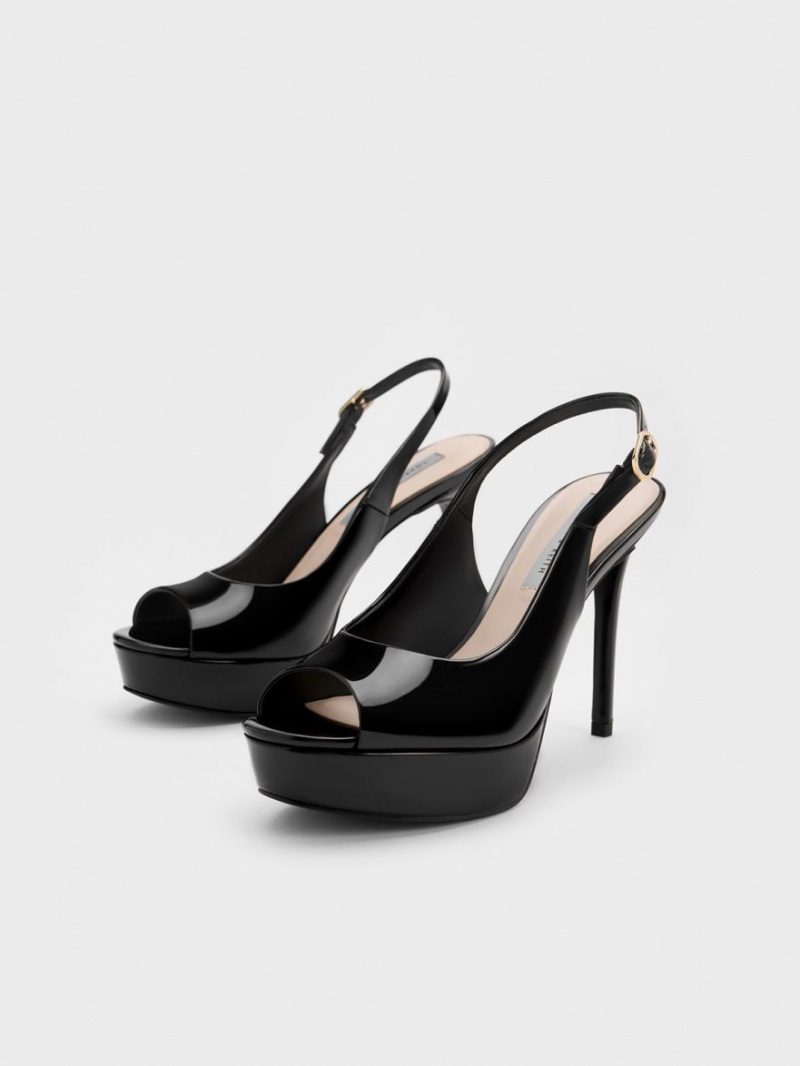 Charles & Keith Lack Plattform Slingback Sandalen Absatz Schwarz | 259ZHOQFW