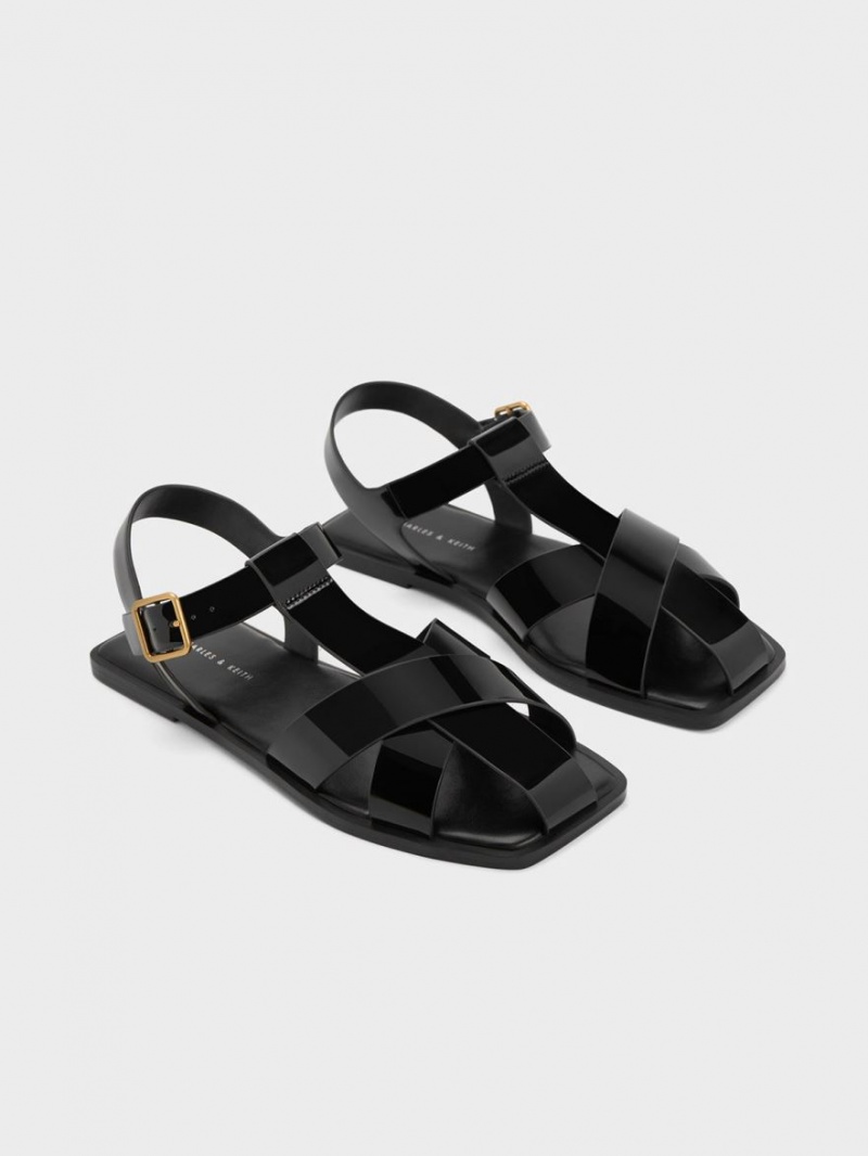 Charles & Keith Lack Riemchen Crossover Sandalen Flach Schwarz | 234SUVDWI