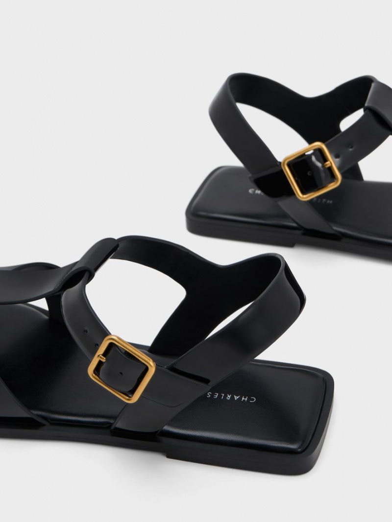 Charles & Keith Lack Riemchen Crossover Sandalen Flach Schwarz | 234SUVDWI