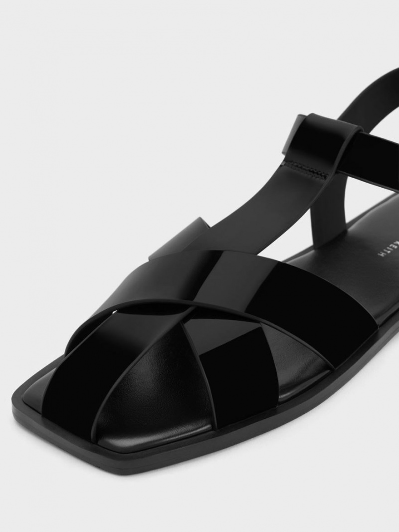 Charles & Keith Lack Riemchen Crossover Sandalen Flach Schwarz | 234SUVDWI