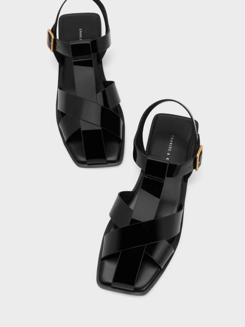 Charles & Keith Lack Riemchen Crossover Sandalen Flach Schwarz | 234SUVDWI