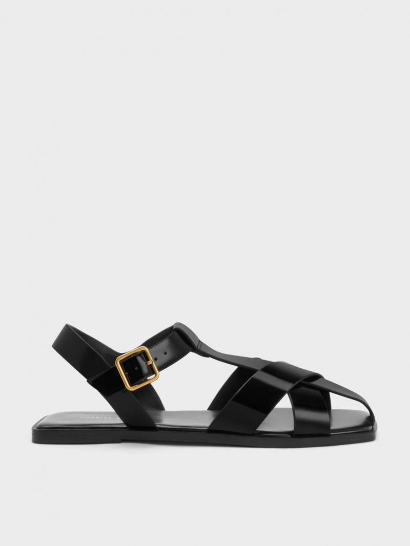 Charles & Keith Lack Riemchen Crossover Sandalen Flach Schwarz | 234SUVDWI