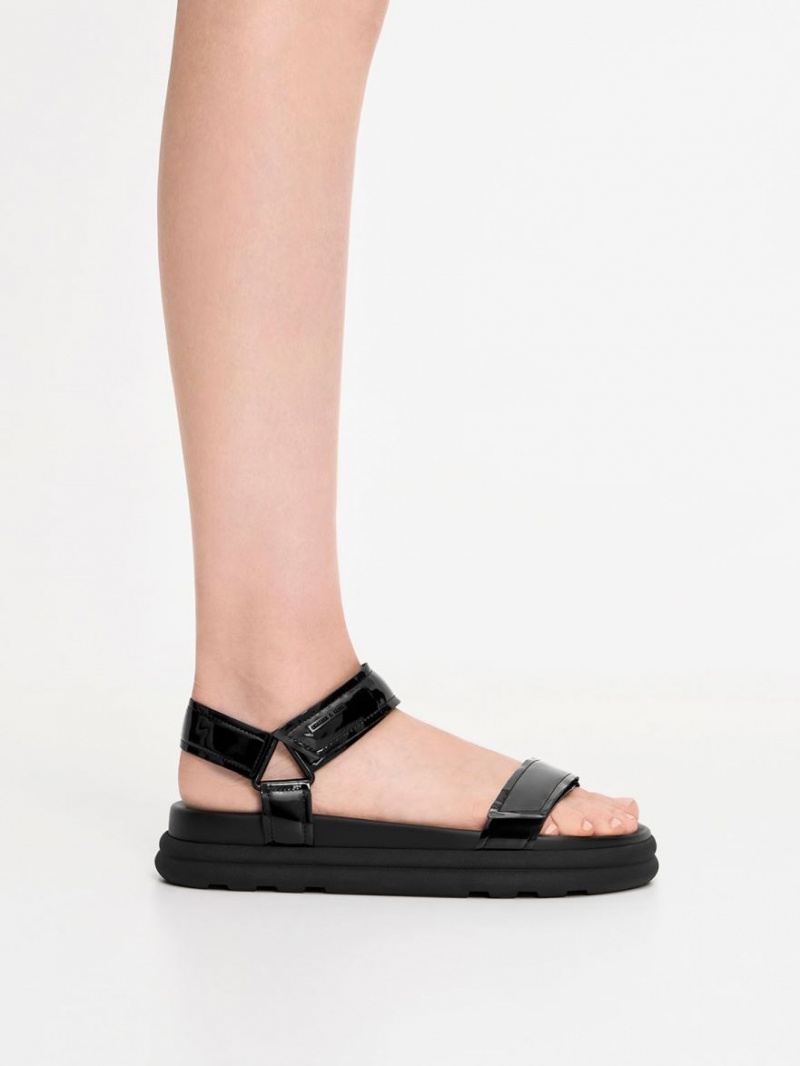 Charles & Keith Lack Riemchen Sports Plateausandalen Schwarz | 831XZBANF