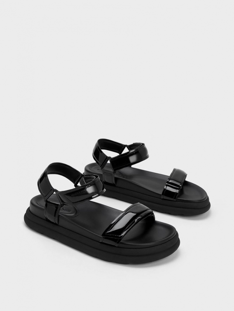 Charles & Keith Lack Riemchen Sports Plateausandalen Schwarz | 831XZBANF