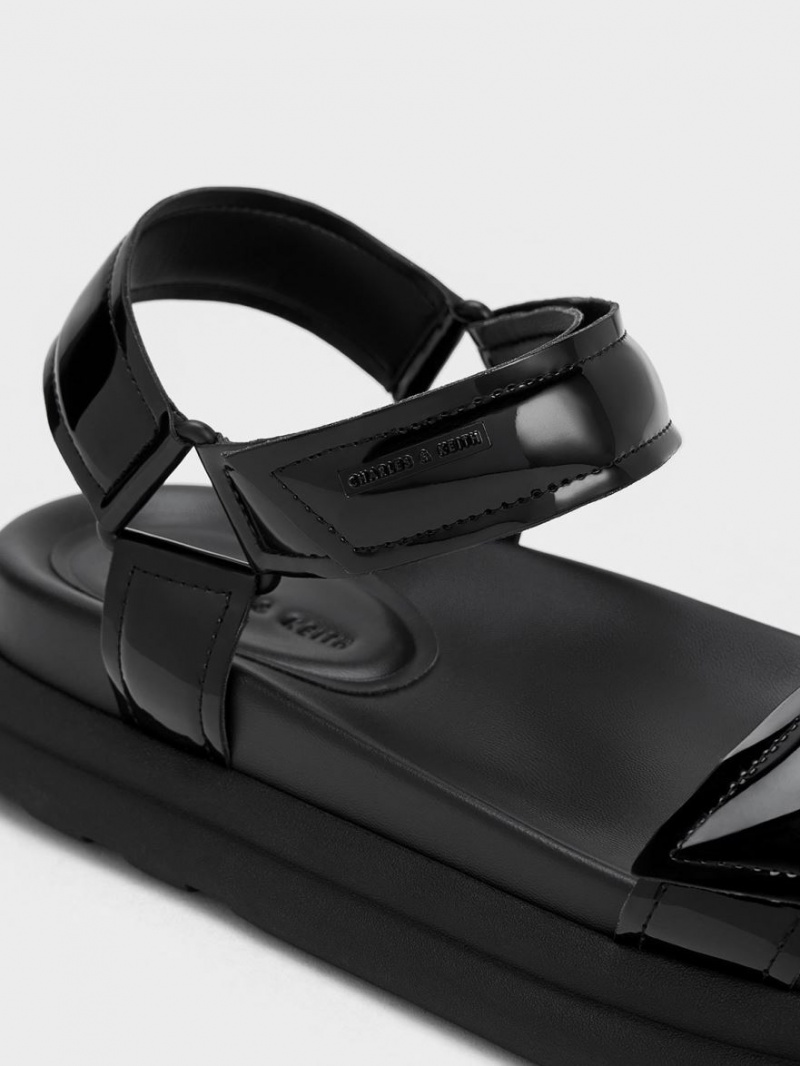 Charles & Keith Lack Riemchen Sports Plateausandalen Schwarz | 831XZBANF