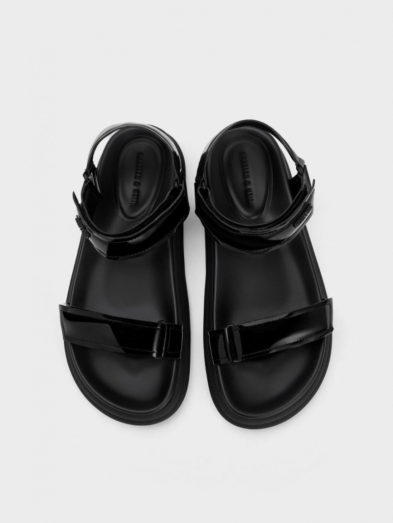 Charles & Keith Lack Riemchen Sports Plateausandalen Schwarz | 831XZBANF