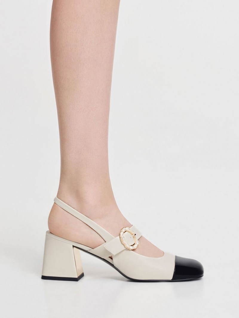 Charles & Keith Lack Two-Tone Pearl Schnallen Slingback Pumps Weiß | 657IAMGUW