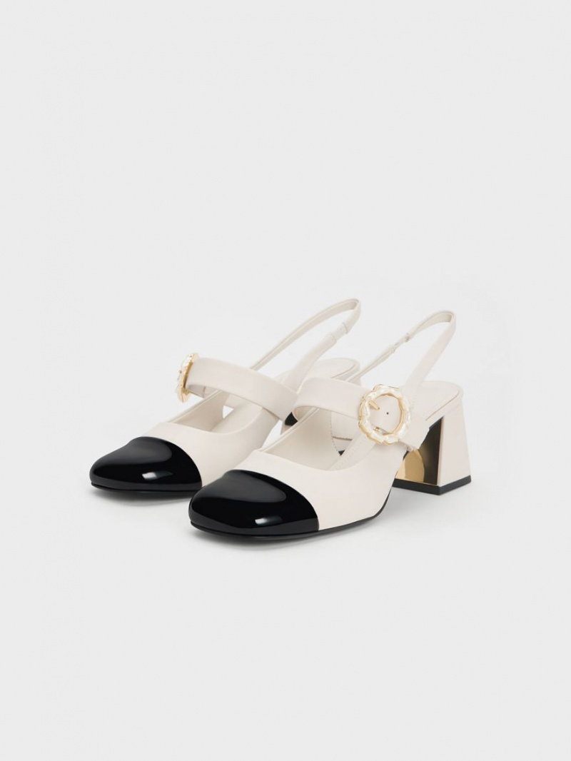 Charles & Keith Lack Two-Tone Pearl Schnallen Slingback Pumps Weiß | 657IAMGUW