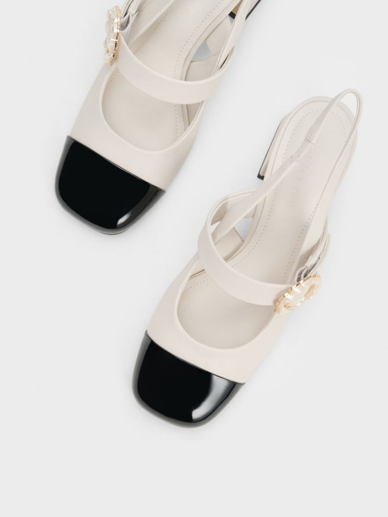 Charles & Keith Lack Two-Tone Pearl Schnallen Slingback Pumps Weiß | 657IAMGUW