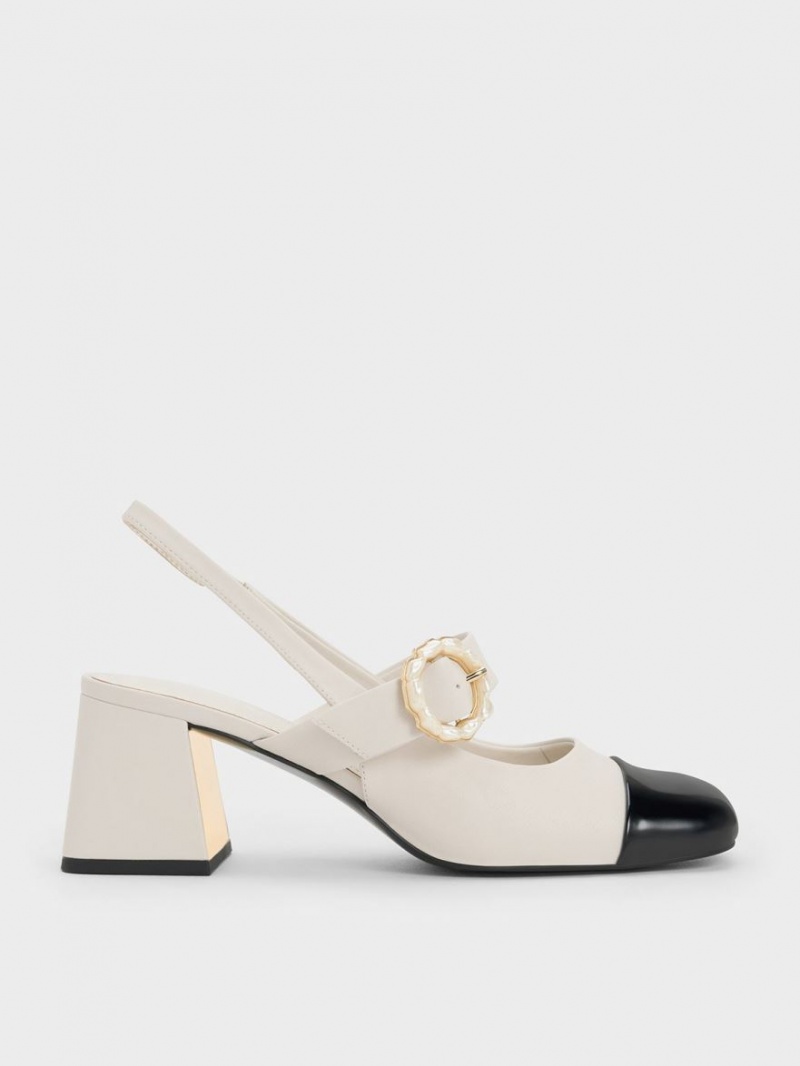 Charles & Keith Lack Two-Tone Pearl Schnallen Slingback Pumps Weiß | 657IAMGUW