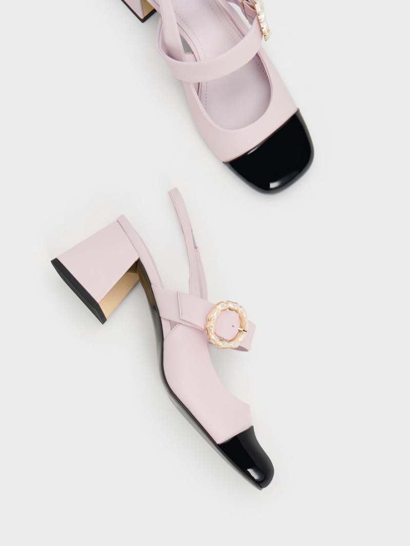 Charles & Keith Lack Two-Tone Pearl Schnallen Slingback Pumps Lila | 416WUONJL