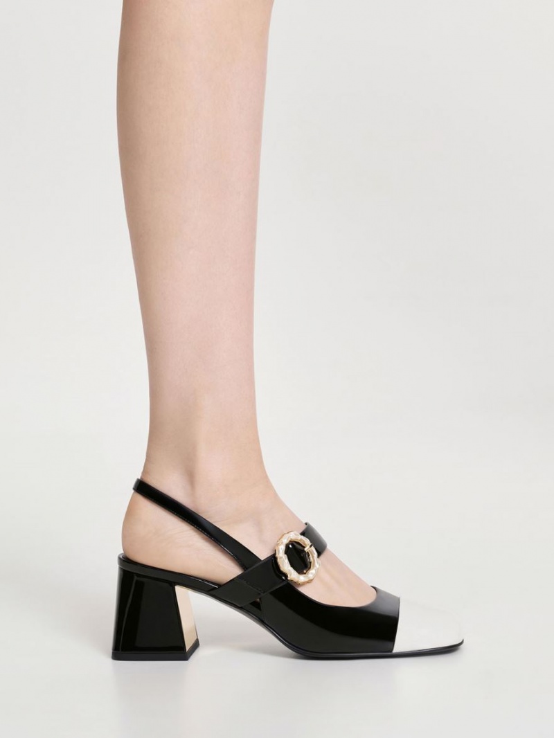 Charles & Keith Lack Two-Tone Pearl Schnallen Slingback Pumps Schwarz | 587SIFYKV