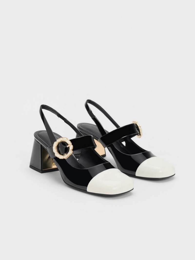 Charles & Keith Lack Two-Tone Pearl Schnallen Slingback Pumps Schwarz | 587SIFYKV