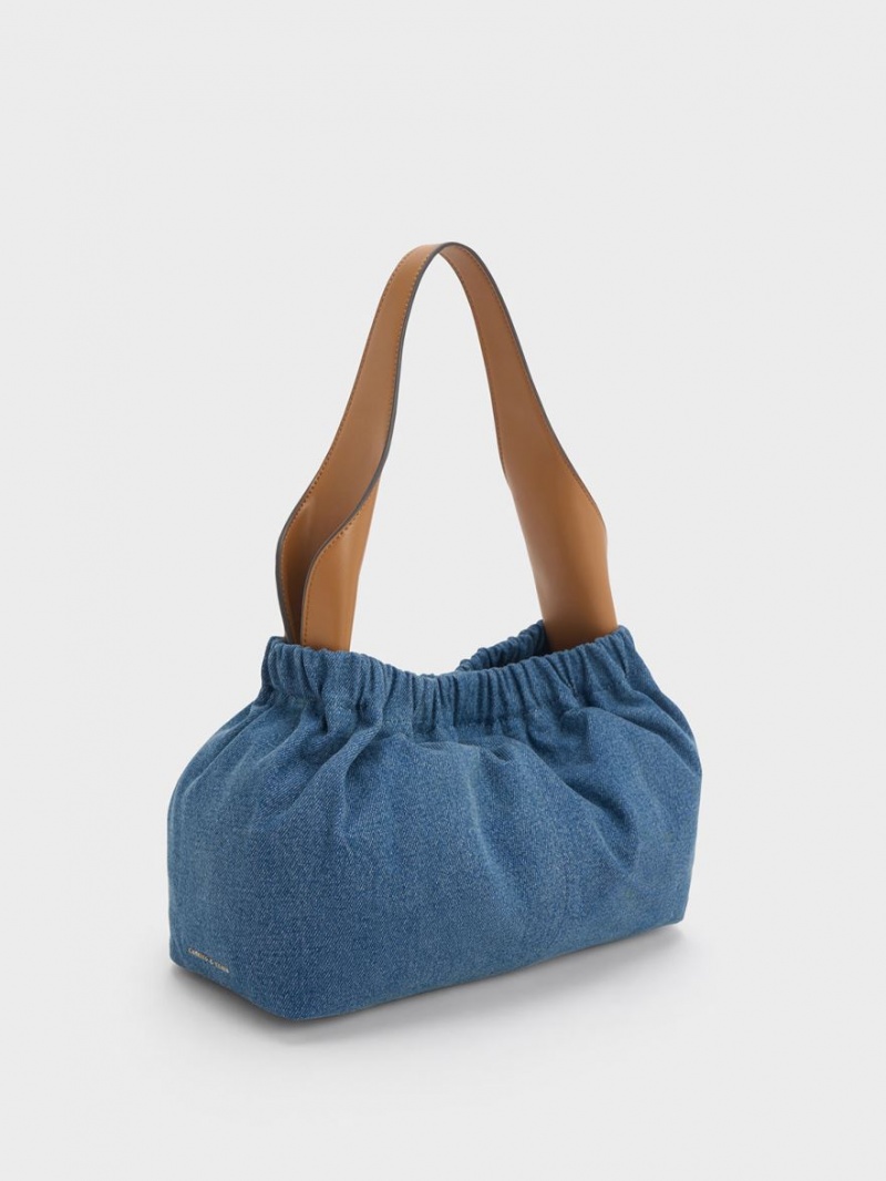 Charles & Keith Large Ally Denim Ruched Slouchy Tragetaschen Blau | 792HYMXBW