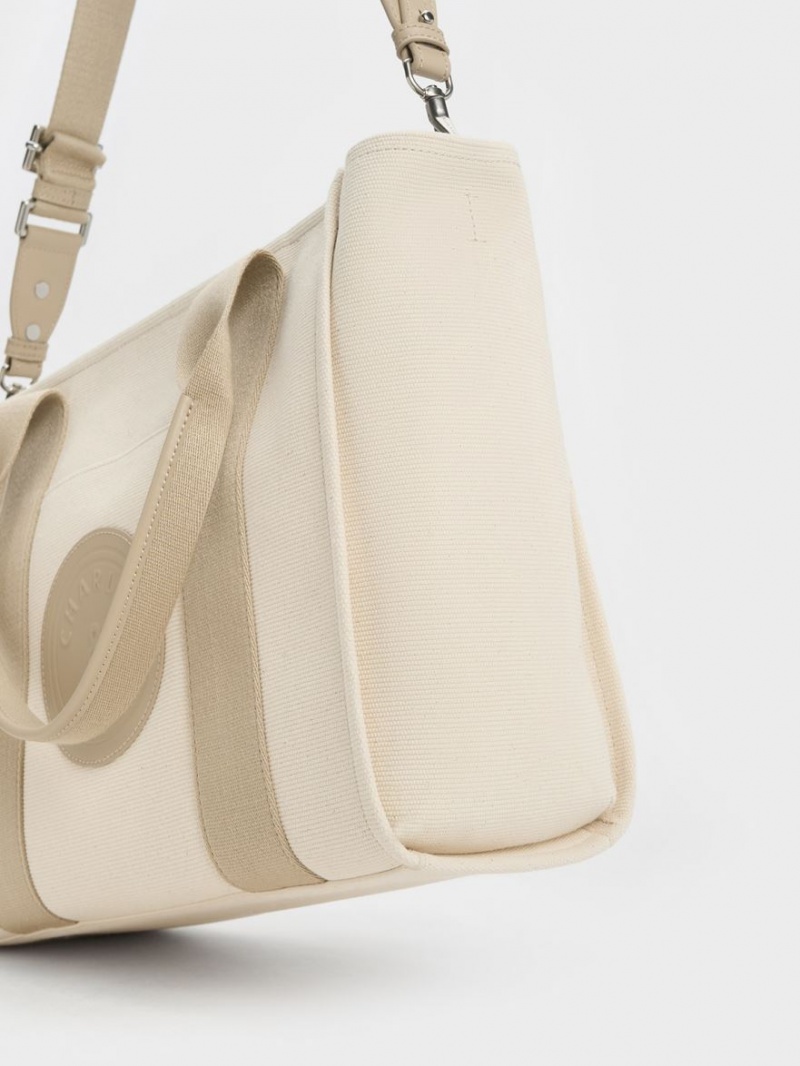 Charles & Keith Large Kay Canvas Contrast-Trim Tragetaschen Beige | 378DVMZYL