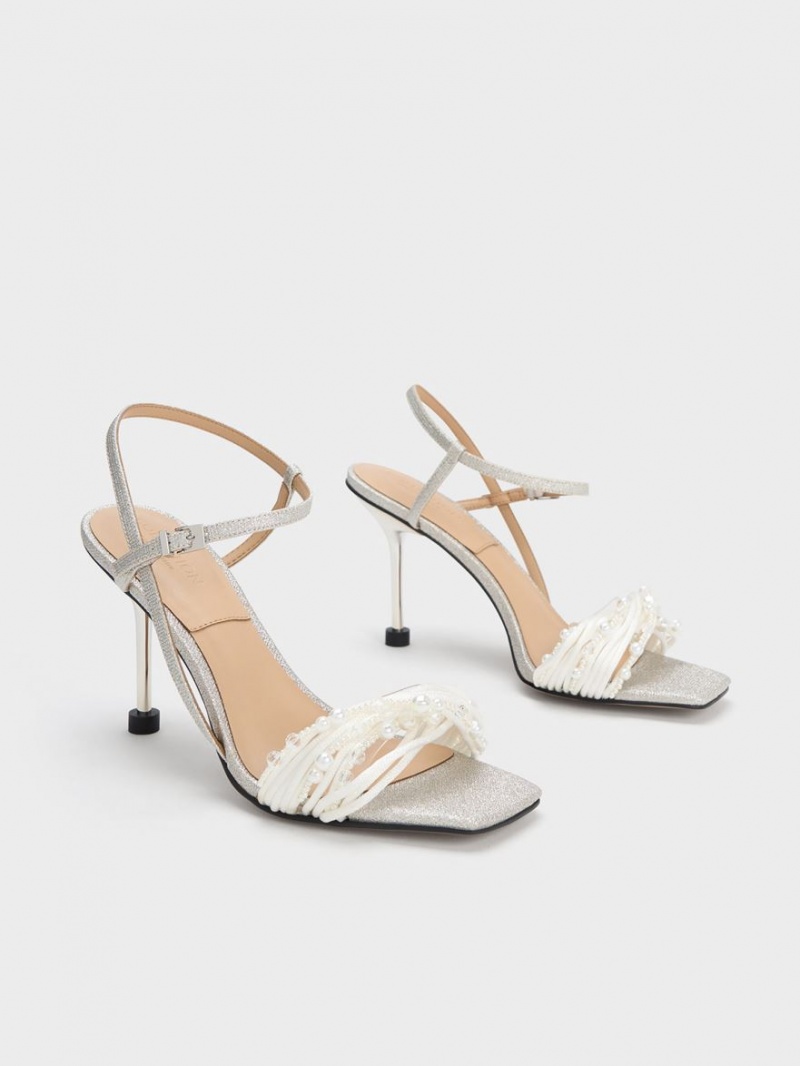 Charles & Keith Leda Beaded Asymmetric Glittered Sandalen Absatz Silber | 490UMBCRZ