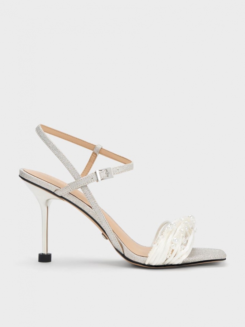 Charles & Keith Leda Beaded Asymmetric Glittered Sandalen Absatz Silber | 490UMBCRZ