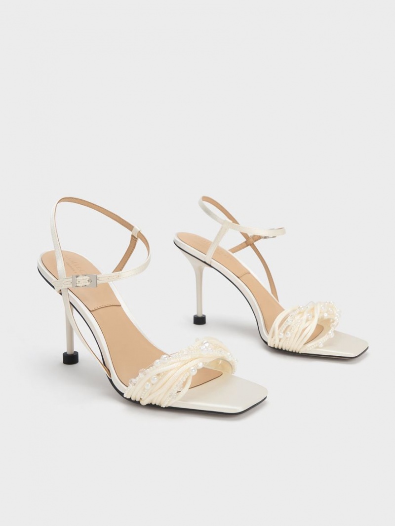 Charles & Keith Leda Beaded Asymmetric Satin Sandalen Absatz Weiß | 978MWCHZE