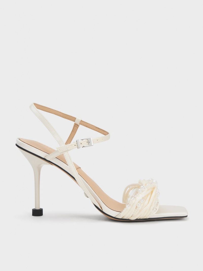 Charles & Keith Leda Beaded Asymmetric Satin Sandalen Absatz Weiß | 978MWCHZE