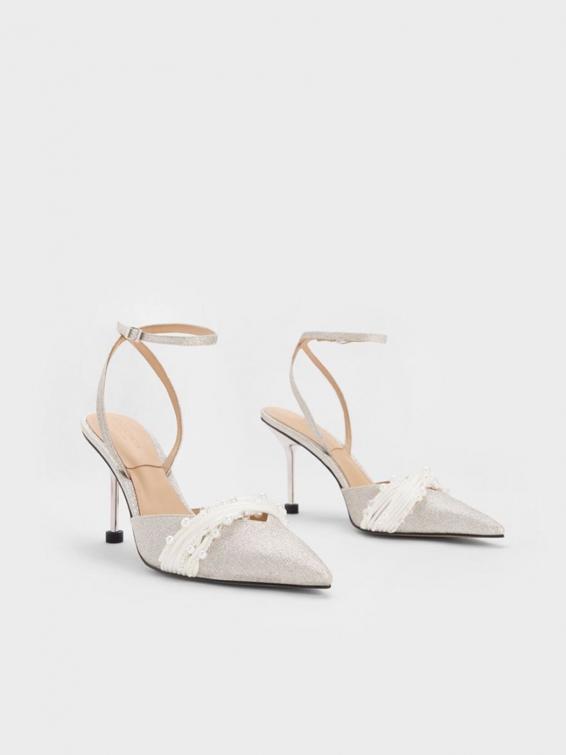 Charles & Keith Leda Beaded Glittered Ankle-Riemen Pumps Silber | 218SYXUMA