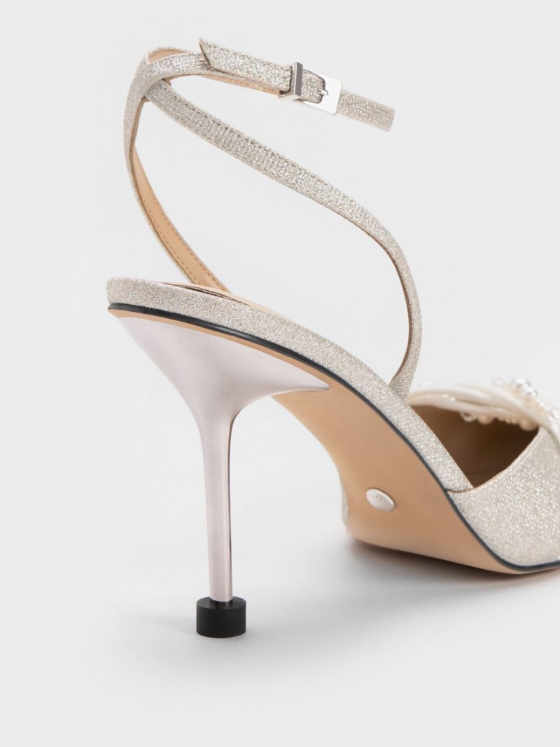 Charles & Keith Leda Beaded Glittered Ankle-Riemen Pumps Silber | 218SYXUMA