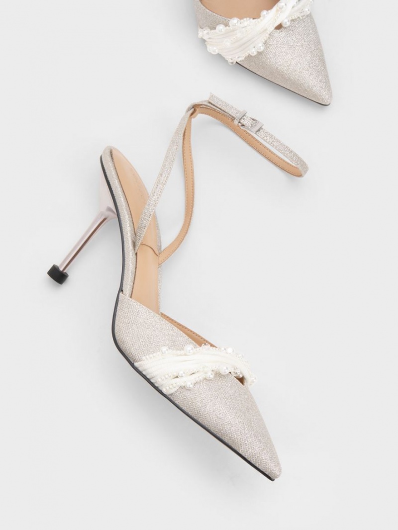 Charles & Keith Leda Beaded Glittered Ankle-Riemen Pumps Silber | 218SYXUMA