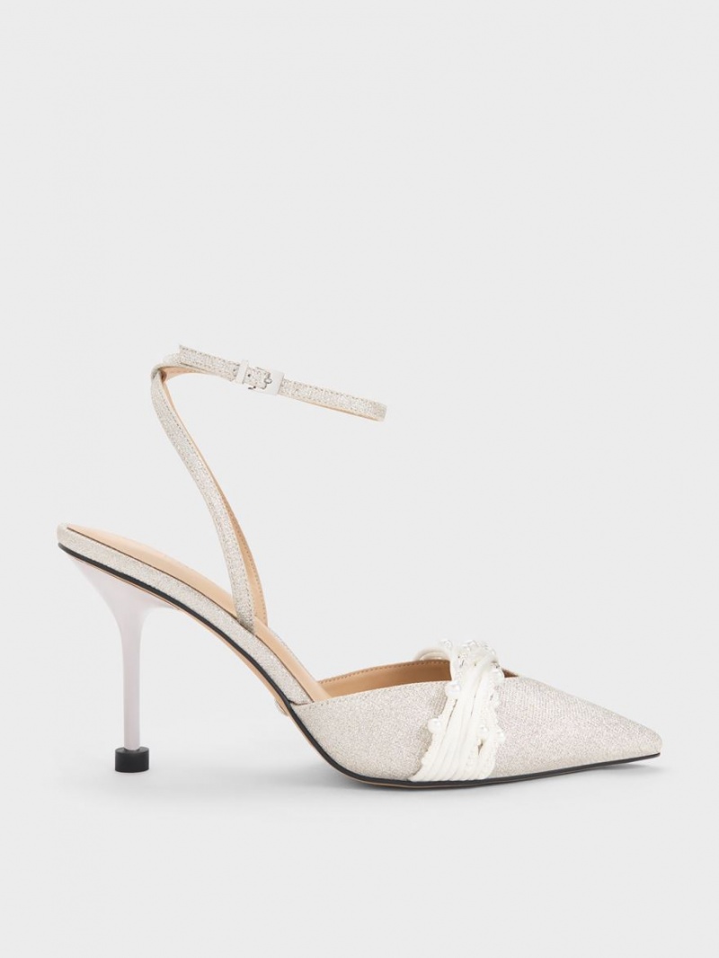 Charles & Keith Leda Beaded Glittered Ankle-Riemen Pumps Silber | 218SYXUMA