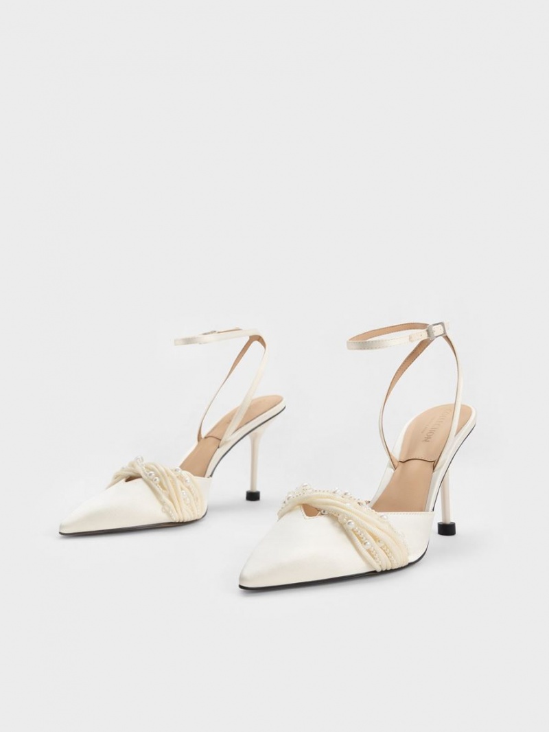 Charles & Keith Leda Beaded Satin Ankle-Riemen Pumps Weiß | 814MNGIYA