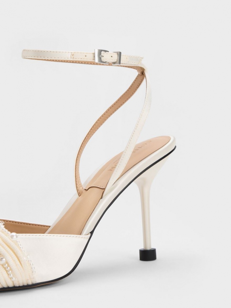 Charles & Keith Leda Beaded Satin Ankle-Riemen Pumps Weiß | 814MNGIYA