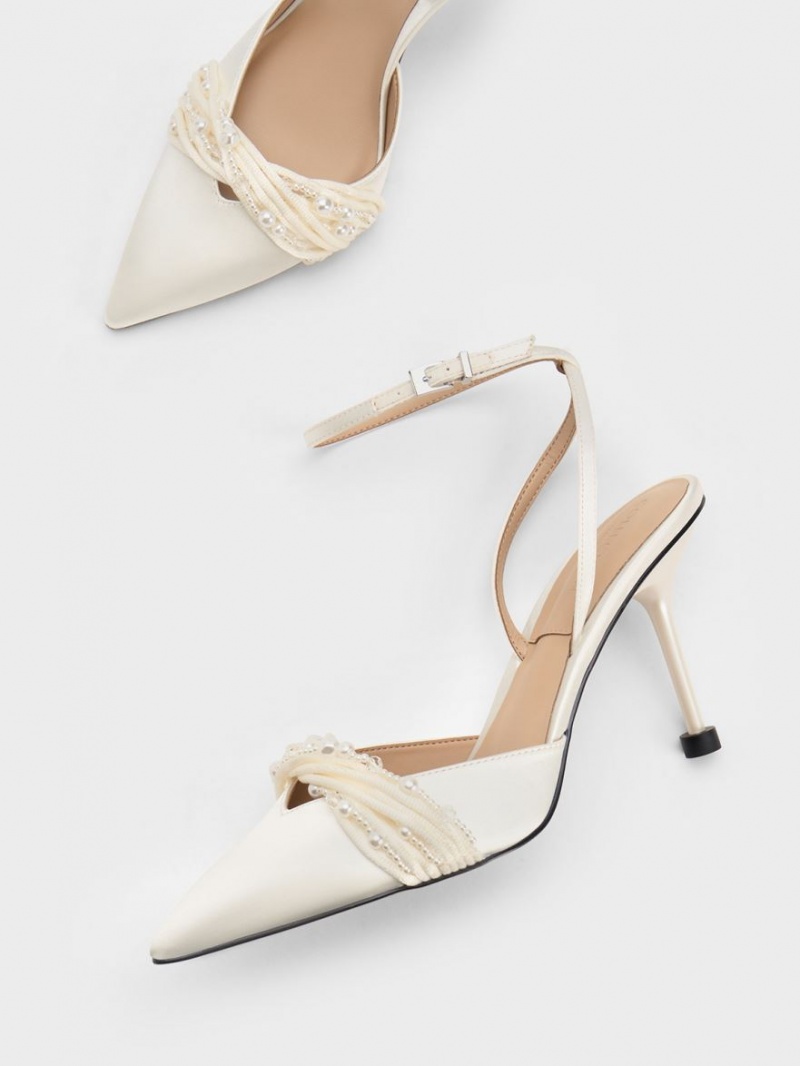 Charles & Keith Leda Beaded Satin Ankle-Riemen Pumps Weiß | 814MNGIYA