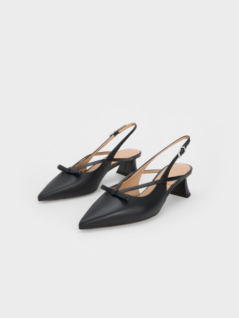 Charles & Keith Leder Bow Riemchen Slingback Pumps Schwarz | 280MQFVRX