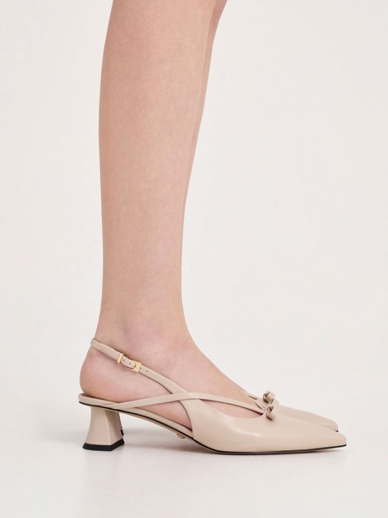 Charles & Keith Leder Bow Riemchen Slingback Pumps Beige | 547LSZBHD