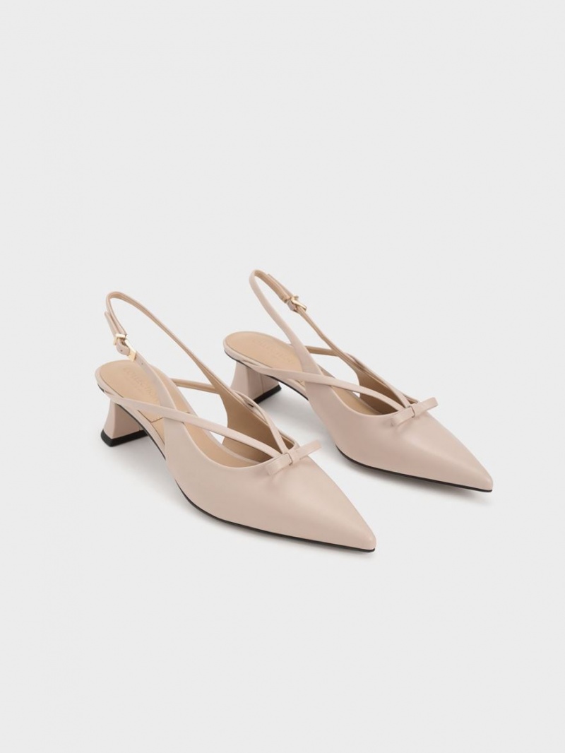 Charles & Keith Leder Bow Riemchen Slingback Pumps Beige | 547LSZBHD