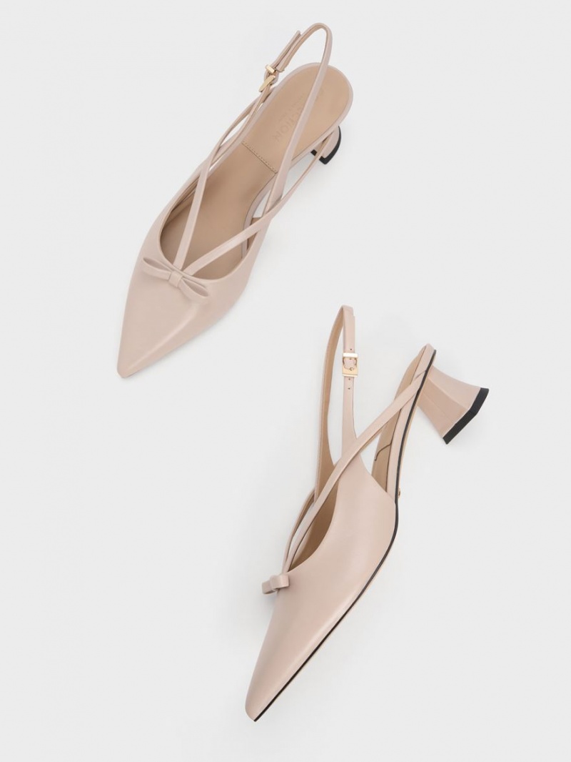 Charles & Keith Leder Bow Riemchen Slingback Pumps Beige | 547LSZBHD