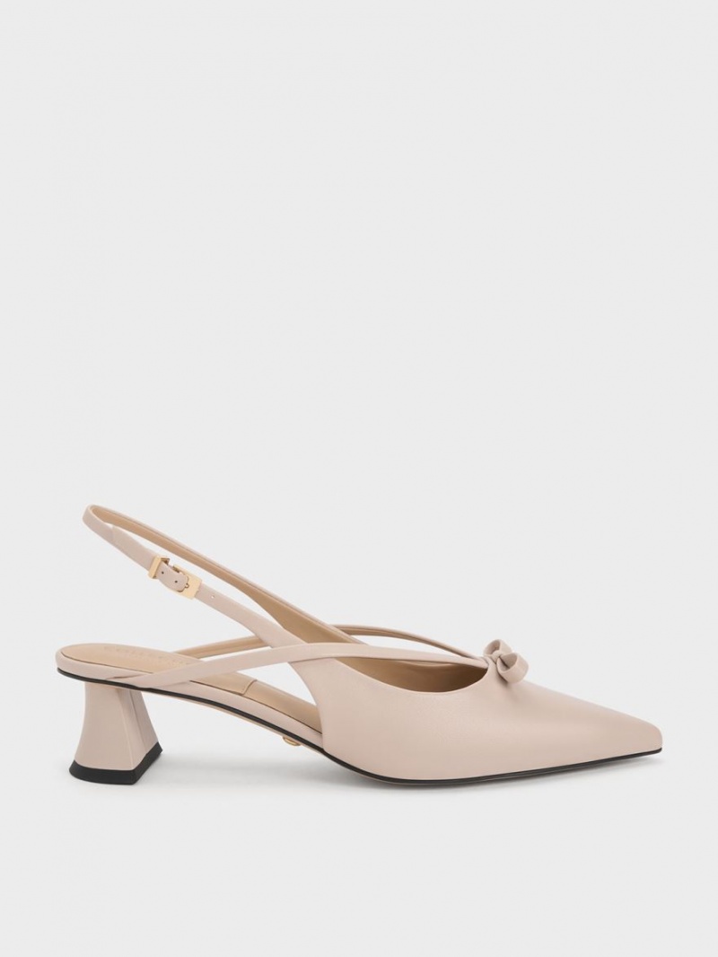 Charles & Keith Leder Bow Riemchen Slingback Pumps Beige | 547LSZBHD