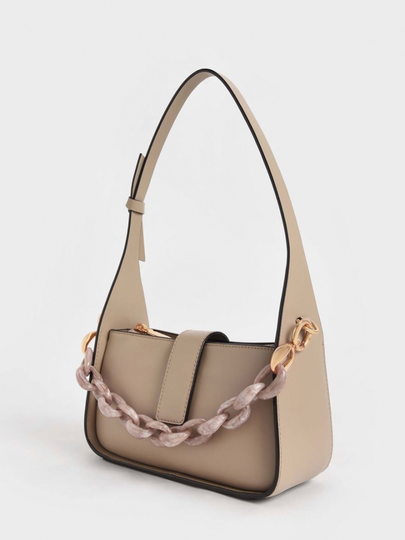 Charles & Keith Leder Chain-Link Tragetaschen Beige | 180BITYWO