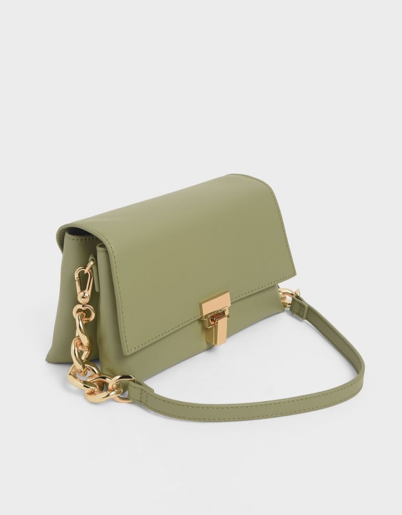 Charles & Keith Leder Chain Riemen Schultertaschen Olivgrün | 175NIYUZF