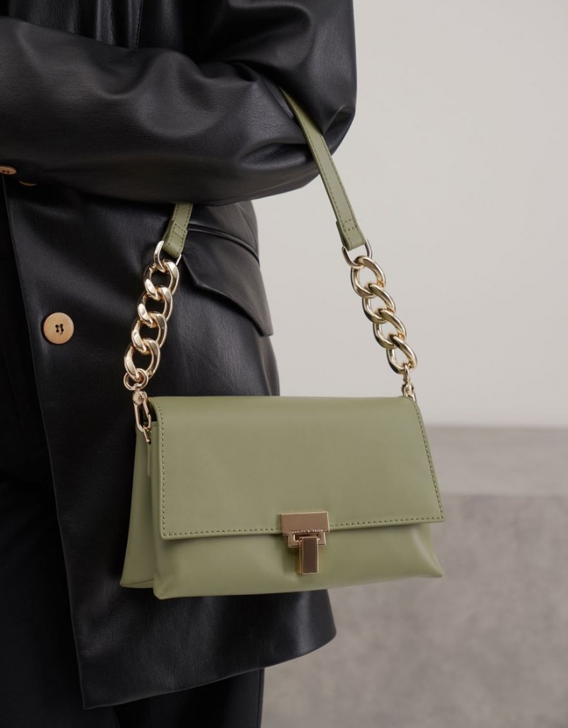 Charles & Keith Leder Chain Riemen Schultertaschen Olivgrün | 175NIYUZF