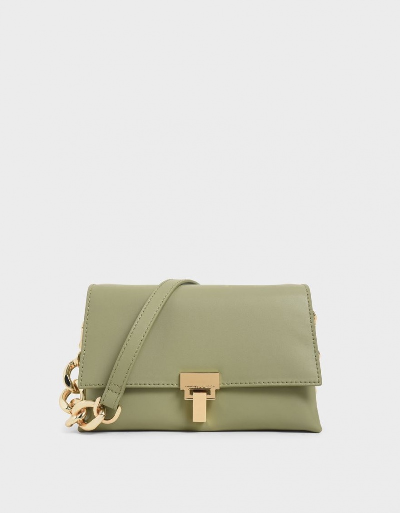 Charles & Keith Leder Chain Riemen Schultertaschen Olivgrün | 175NIYUZF